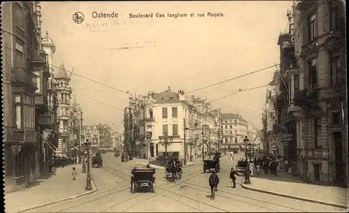 Ak Oostende Ostende Westflandern, Boulevard Van Iseghem et rue Royale, Kutsche