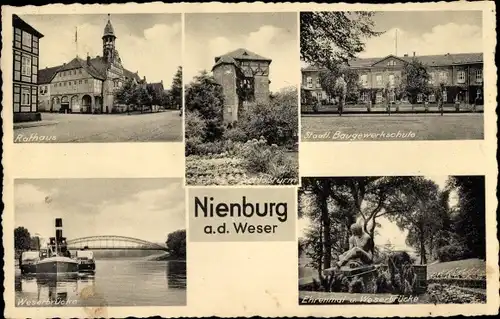 Ak Nienburg an der Weser, Rathaus, Weserbrücke, Schlossturm, Baugewerkschule, Ehrenmal