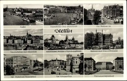 Ak Szczecin Stettin Pommern, Hakenterrasse, Regierungsgebäude, Baumbrücke, Hafen, Rathaus