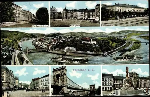 Ak Děčín Tetschen Bodenbach Elbe Reg. Aussig, Marktplatz, Nordwestbahnhof, Nordbahnhof, Brücke