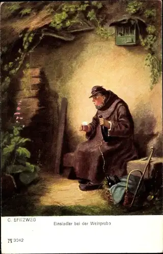 Künstler Ak Spitzweg, Carl, Einsiedler bei der Weinprobe
