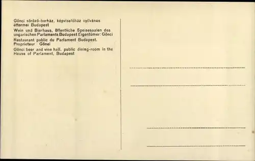 Ak Budapest Ungarn, Wein und Bierhaus, öffentl. Speisesaalen des ungarischen Parlaments