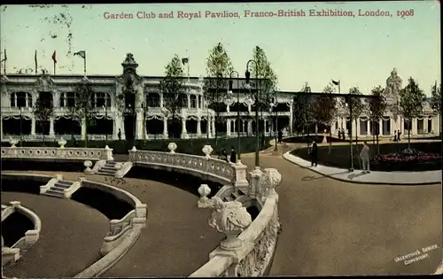 Ak London City England, Franco-British Exhibition 1908, Garden Club and Royal Pavilion