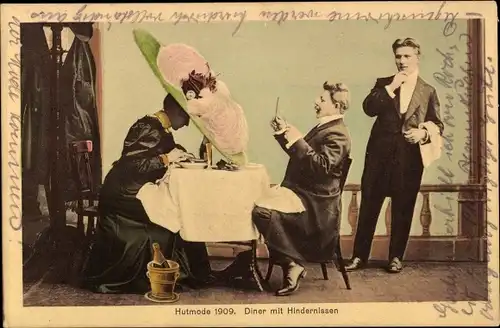 Ak Hutmode 1909, Diner mit Hindernissen