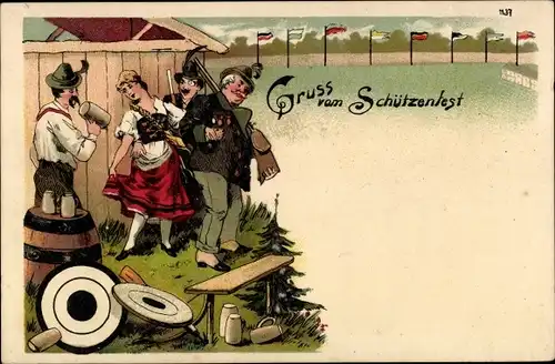 Litho Gruß vom Schützenfest, Mann mit Gewehr, Bierfass, Zielscheiben