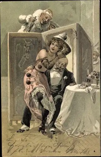 Litho Harlekin, junge Frau sitzt auf dem Schoß von einem alten Mann