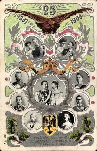Präge Ak Silberhochzeit des Kaiserpaares 1906, Kaiser Wilhelm II., Kronprinz, Victoria Luise