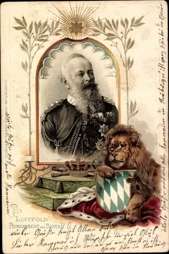 Präge Wappen Litho Prinzregent Luitpold von Bayern, Portrait, Löwe