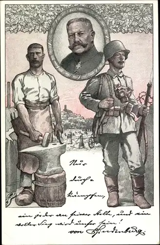 Künstler Ak Flechtner, Otto, Generalfeldmarschall von Hindenburg, Soldat, Schmied, Gasmaske, I WK