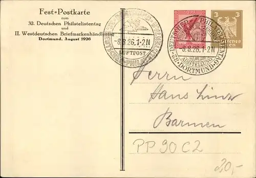 Ganzsachen Ak Dortmund im Ruhrgebiet, Postwertzeichenausstellung 1926, PP 90 C 2