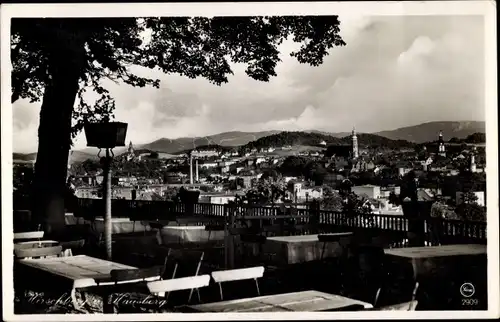 Ak Jelenia Góra Hirschberg Riesengebirge Schlesien, Blick von der Hausbergterrasse