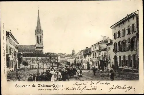 Ak Château Salins Lothringen Moselle, Marktplatz, Kirche, Passanten