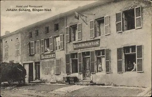 Ak Bingen an der Nied Lothringen Moselle, Hotel und Restaurant von Johann Schang