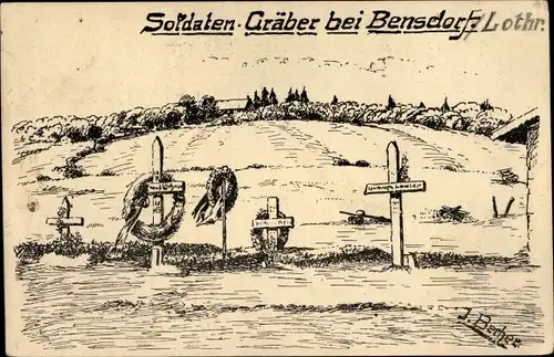 Künstler Ak Becher, J., Bénestroff Bensdorf Lothringen Moselle, Soldatengräber