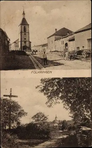 Ak Foulcrey Lothringen Moselle, Kirche, Straßenpartie