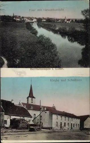 Ak Berthelming Berthelmingen Lothringen Moselle, Kirche, Schulhaus, Gesamtansicht