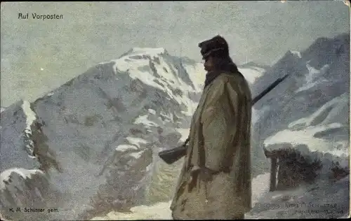 Künstler Ak Schuster, Karl M., Auf Vorposten, KuK Armee, Alpenkrieg, I WK