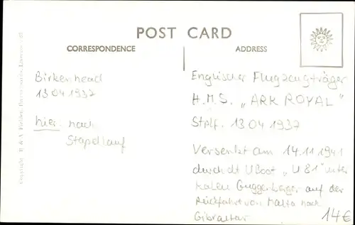 Foto Ak Britisches Kriegsschiff, HMS Ark Royal, Flugzeugträger