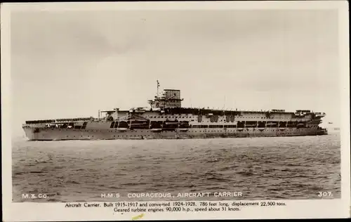 Ak Britisches Kriegsschiff, Aircraft Carrier HMS Courageous, Flugzeugträger