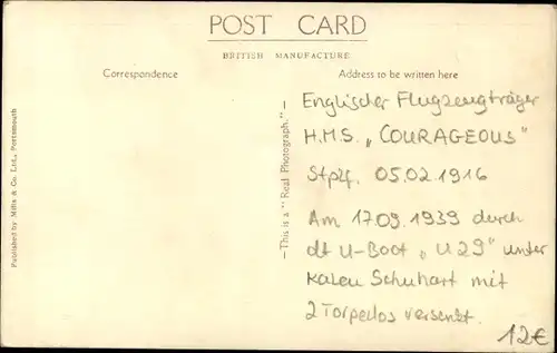 Ak Britisches Kriegsschiff, Aircraft Carrier HMS Courageous, Flugzeugträger