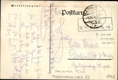 Künstler Ak Minenwerferkompagnie 85, Minenwerfer, Kaiserreich, I WK