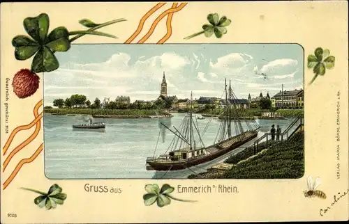 Präge Passepartout Litho Emmerich am Niederrhein, Flusspartie mit Blick auf die Stadt, Kleeblätter