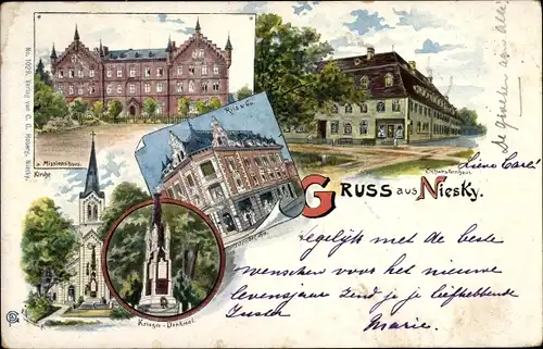 Litho Niesky in der Oberlausitz, Missionshaus, Kriegerdenkmal, Schwesternhaus, Kirche