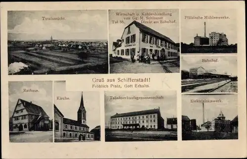 Ak Schifferstadt in der Pfalz, Bahnhof, Elektrizitätswerk, Tabakverkaufsgenossenschaft, Rathaus