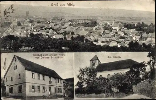 Ak Albig in Rheinland Pfalz, Gesamtansicht, Ev. Kirche, Gasthof zum grünen Kranz