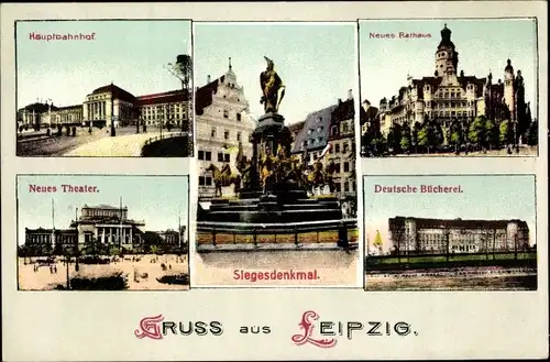 Ak Leipzig in Sachsen, Siegesdenkmal, Hauptbahnhof, Neues Rathaus, Deutsche Bücherei