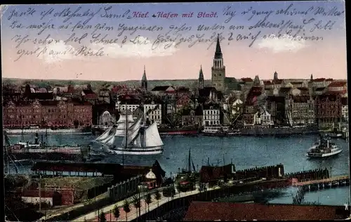 Ak Kiel Schleswig Holstein, Hafen mit Stadt, Boote, Kirchturm