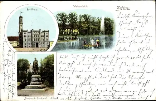 Ak Zittau in Sachsen, Rathaus, Bismarck-Denkmal, Weinauteich