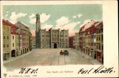 Ak Zittau in Sachsen, Markt mit Rathaus, Kutschen