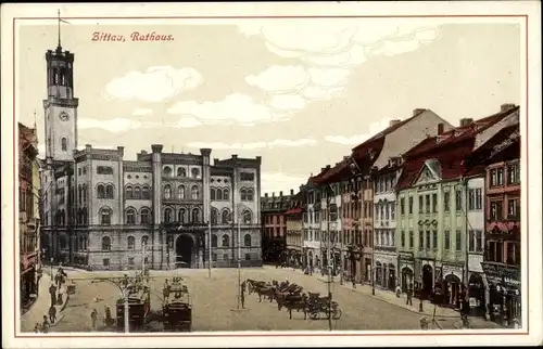 Ak Zittau in Sachsen, Rathaus, Kutschen, Straßenbahn