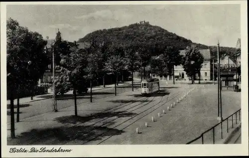 Ak Görlitz in der Lausitz, Landeskrone, Straßenbahn
