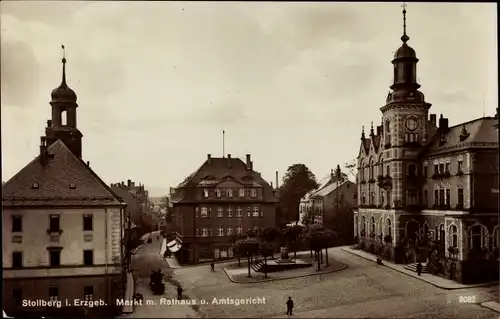Ak Stollberg im Erzgebirge, Markt mit Rathaus und Amtsgericht