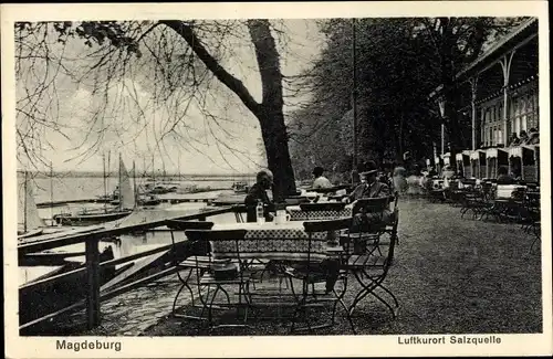 Ak Magdeburg an der Elbe, Luftkurort Salzquelle, Boote, Anlegestellen, Terrasse