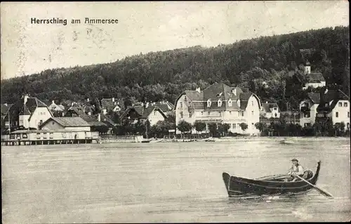 Ak Herrsching am Ammersee, Ruderpartie, Ortsblick