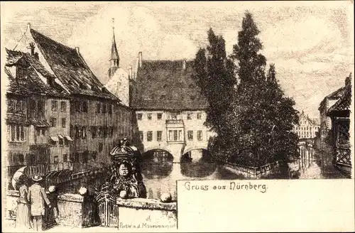 Künstler Ak Nürnberg in Mittelfranken Bayern, Partie an der Museumsinsel