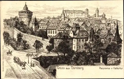 Künstler Ak Nürnberg in Mittelfranken Bayern, Panorama vom Hallertor, Burg