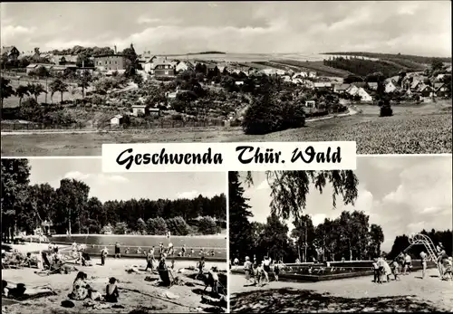 Ak Geschwenda Thüringen, Panorama, Schwimmbad, Badegäste, Sprungturm