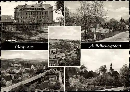 Ak Mittelherwigsdorf in der Oberlausitz, Altersheim, Kirche, Panorama