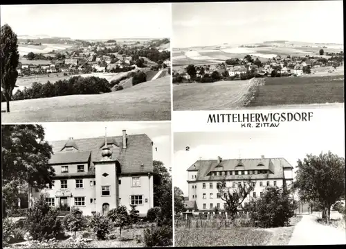 Ak Mittelherwigsdorf Oberlausitz, Gesamtansicht, Rat der Gemeinde, Feierabendheim