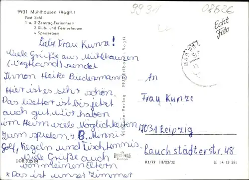 Ak Mühlhausen Bad Elster im Vogtland, Zentrag Ferienheim, Klub und Fernsehraum, Speiseraum