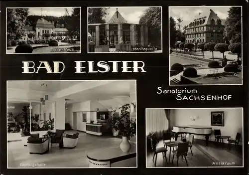 Ak Bad Elster im Vogtland, Sanatorium Sachsenhof, Empfangshalle, Musikraum, Moritzquelle