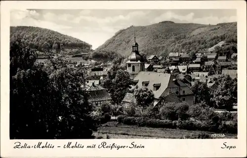 Ak Zella Mehlis im Thüringer Wald, Ortsansicht mit Reißiger Stein, Kirche