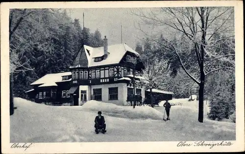 Ak Oberhof im Thüringer Wald, Obere Schweizerhütte, Skifahrer, Schlitten