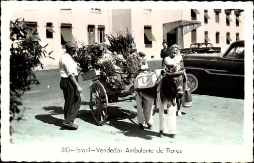 Ak Estoril Cascaes Cascais Portugal, Vendedor Ambulante de Flores, Blumenhändler mit Eselskarren