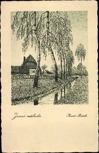 Künstler Ak Busek, Konst. Jarni nalada, Haus, Birken