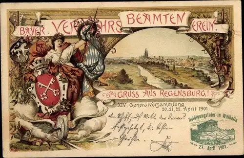 Ganzsachen Litho Regensburg, Bayer. Verkehrs Beamtenverein, XIV. Generalversammlung 1901, Wappen